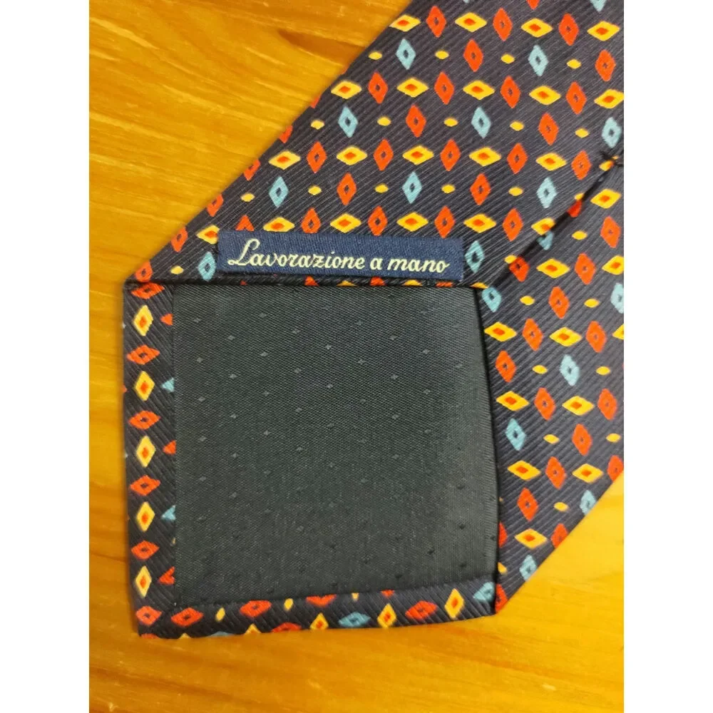 Giorgio Sermoneta Roma 100% Silk Necktie Navy With Multicolor Geometric Pattern